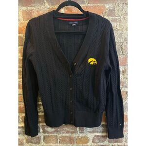 TOMMY HILFIGER • IOWA Hawkeyes • Black Cable Knit Cardigan • Ladies Size L